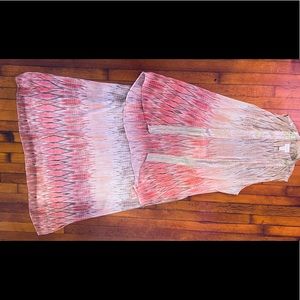 Long skirt/matching sleeveless shirt from Chico's, size 3. Pink, gold, white.